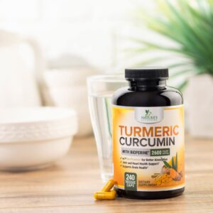 Turmeric Curcumin Supplement with BioPerine 95% Curcuminoids 2600mg with Black Pepper for Best Absorption, Bottled in USA, Best Natural Vegan Joint Support, Nature's Tumeric Capsules - 240 Capsules