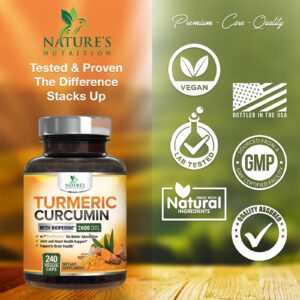 Turmeric Curcumin Supplement with BioPerine 95% Curcuminoids 2600mg with Black Pepper for Best Absorption, Bottled in USA, Best Natural Vegan Joint Support, Nature's Tumeric Capsules - 240 Capsules