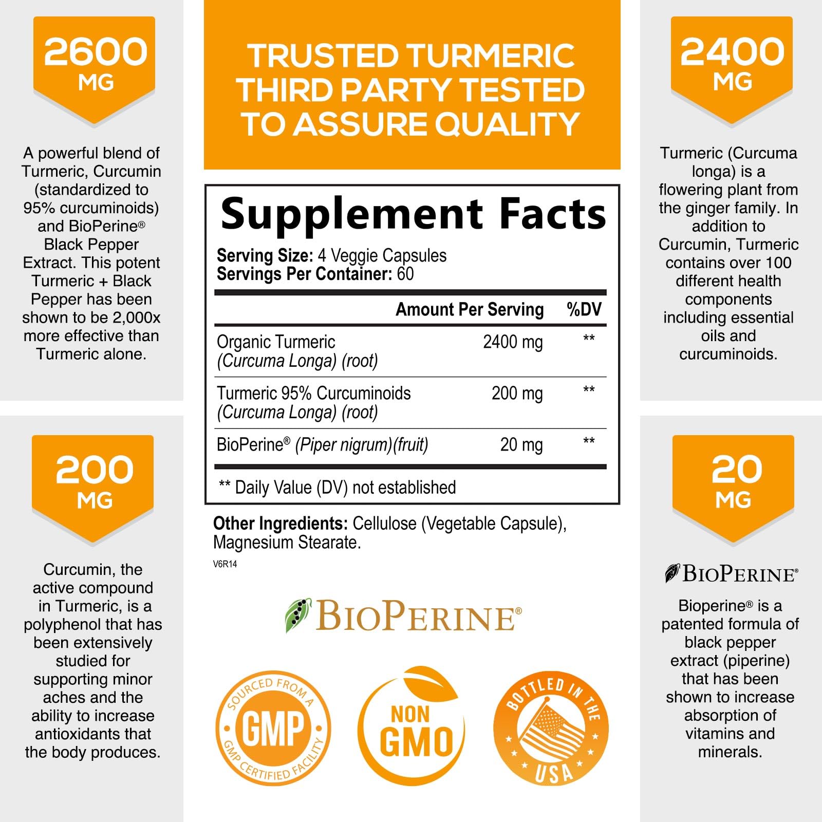 Turmeric Curcumin Supplement with BioPerine 95% Curcuminoids 2600mg with Black Pepper for Best Absorption, Bottled in USA, Best Natural Vegan Joint Support, Nature's Tumeric Capsules - 240 Capsules