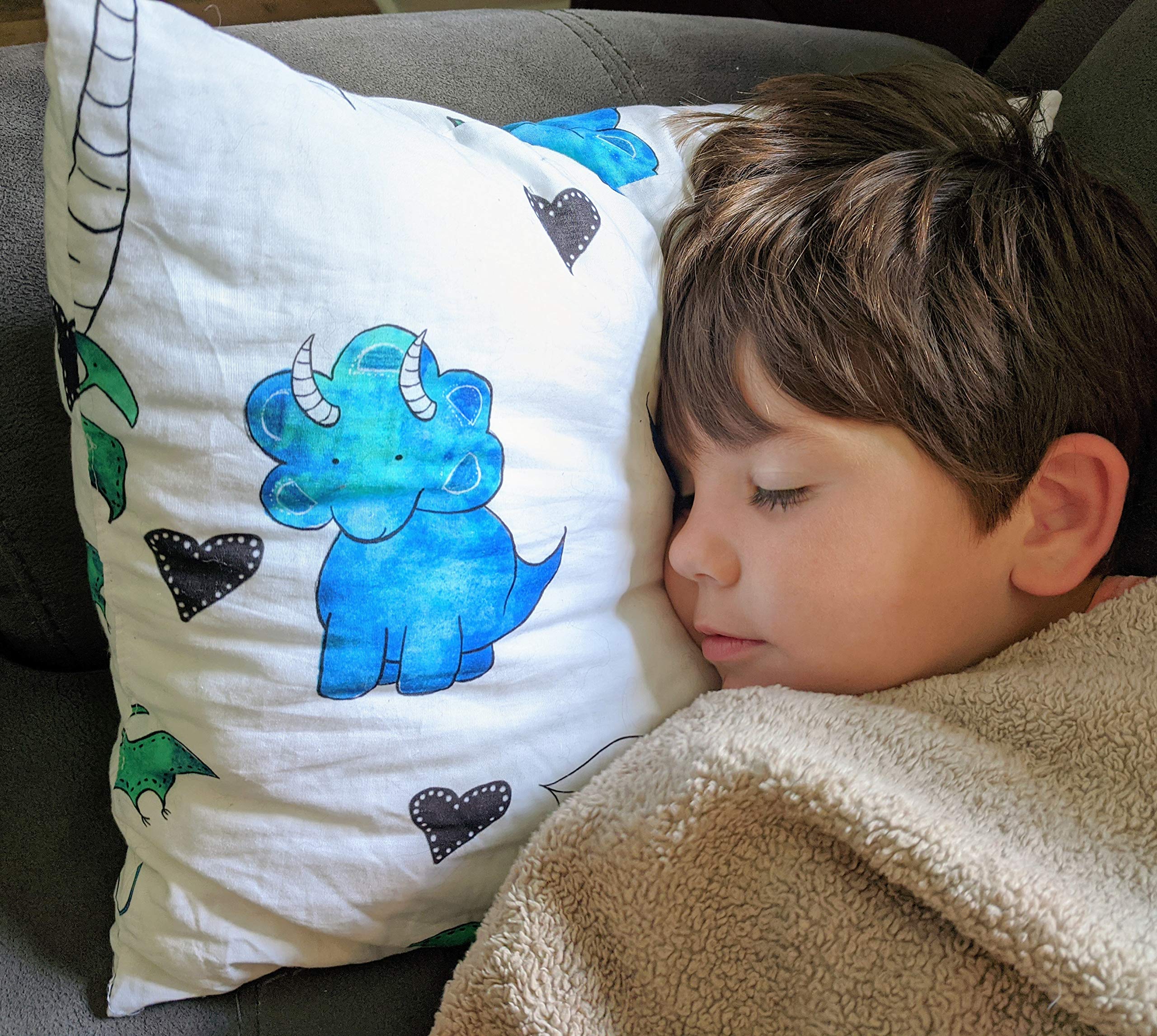 JumpOff Jo – Toddler Pillow for Kids, No Pillowcase Needed, Kids Travel Pillow, 100% Cotton Cover, Hypoallergenic, Machine Washable – 14”x19 (Dinosaur)