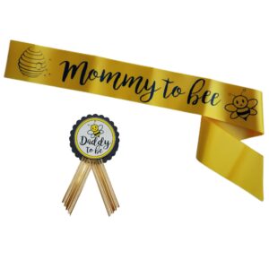 amy's bubbling boutique honey bee mommy to be baby shower banner sash mom & daddy to be pin - what will it gift set