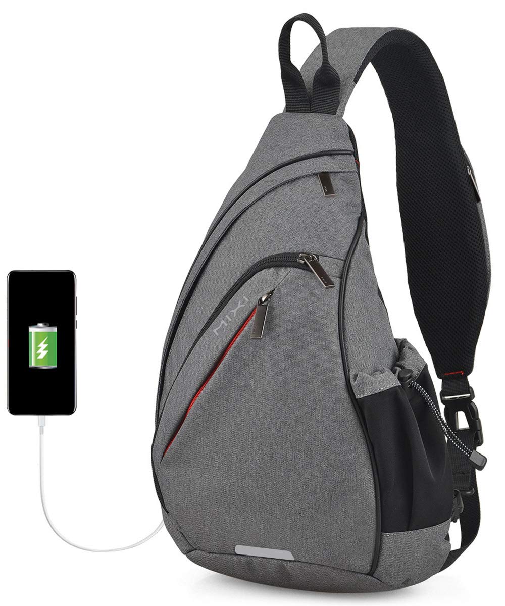 Hanke Sling Bag Men Backpack Unisex One Shoulder Bag Hiking Travel Backpack Crossbody with USB Port for Men Women Versatile Casual Daypack-19 inch,Grey