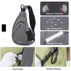 Hanke Sling Bag Men Backpack Unisex One Shoulder Bag Hiking Travel Backpack Crossbody with USB Port for Men Women Versatile Casual Daypack-19 inch,Grey