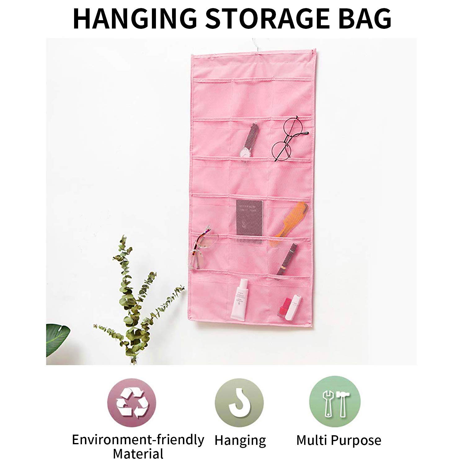 Hanging Closet Organizer, Dual-Sided 30 Pockets Wall Shelf Wardrobe Storage Bags for Underwear, Stocking, Bra and Sock, Mesh Pocket with Metal Hanger - Pink