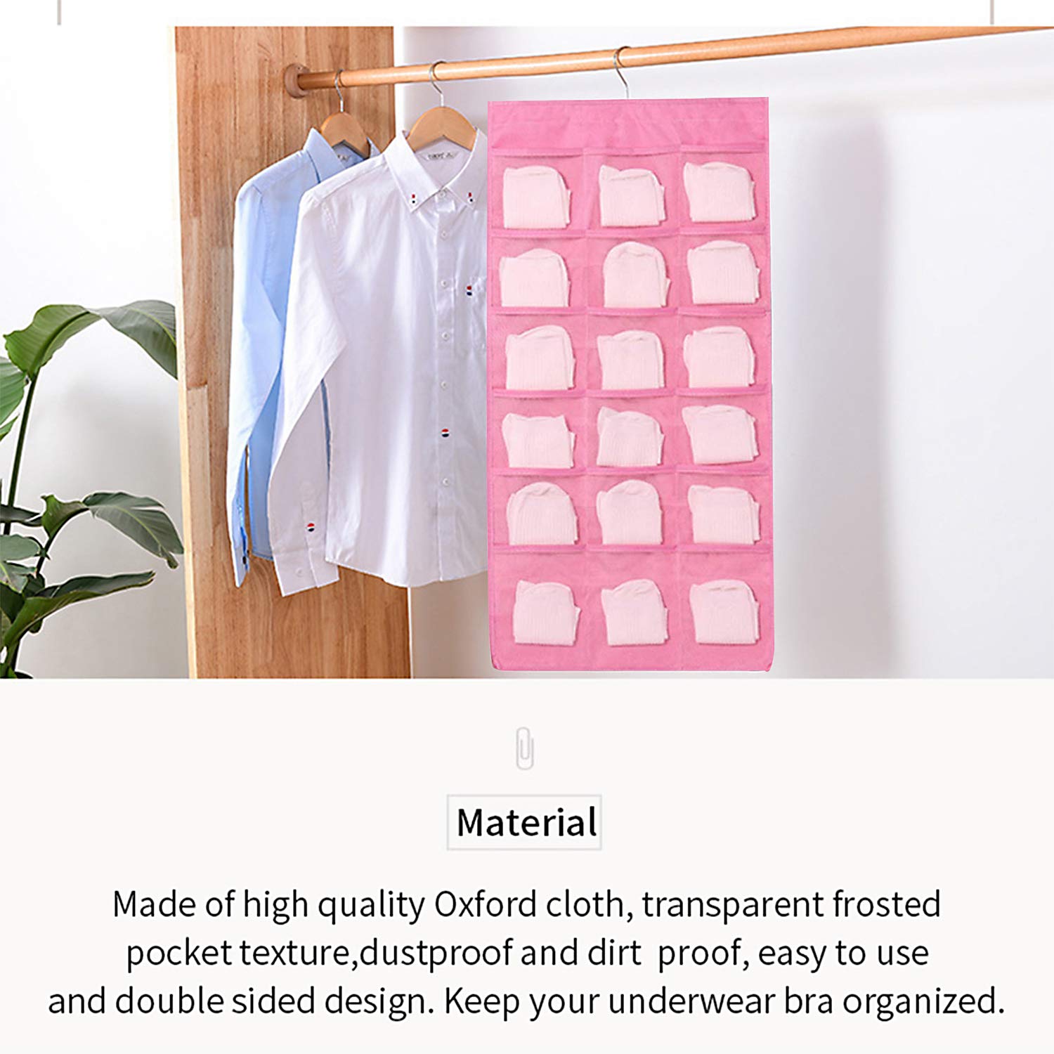 Hanging Closet Organizer, Dual-Sided 30 Pockets Wall Shelf Wardrobe Storage Bags for Underwear, Stocking, Bra and Sock, Mesh Pocket with Metal Hanger - Pink