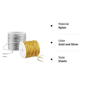 2 Rolls Metallic Elastic Cords Stretch Cord Ribbon Metallic Tinsel Cord Rope for Craft Making Gift Wrapping, 1 mm 55 Yards (Gold and Silver)