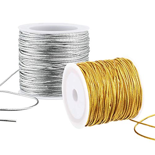 2 Rolls Metallic Elastic Cords Stretch Cord Ribbon Metallic Tinsel Cord Rope for Craft Making Gift Wrapping, 1 mm 55 Yards (Gold and Silver)