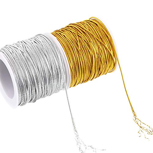 2 Rolls Metallic Elastic Cords Stretch Cord Ribbon Metallic Tinsel Cord Rope for Craft Making Gift Wrapping, 1 mm 55 Yards (Gold and Silver)