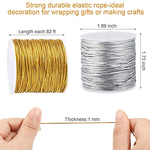 2 Rolls Metallic Elastic Cords Stretch Cord Ribbon Metallic Tinsel Cord Rope for Craft Making Gift Wrapping, 1 mm 55 Yards (Gold and Silver)