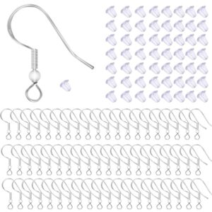 100 pcs/50 pairs 925 sterling silver earring hooks fish hook ear wires french wire hooks hypo-allergenic jewelry findings earring parts diy making with 100 pcs clear rubber earring safety backs
