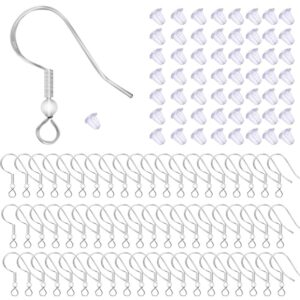 100 PCS/50 Pairs 925 Sterling Silver Earring Hooks Fish Hook Ear Wires French Wire Hooks Hypo-allergenic Jewelry Findings Earring Parts DIY Making with 100 PCS Clear Rubber Earring Safety Backs