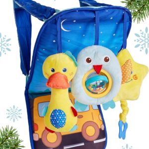 Baby Car Seat Toys - Infant Soft Toys 0 to 12 Months for Car Seat - Rear-Facing Car Seat Travel Activity Mat for Baby - Includes Rattle, Squeaky and Rustle Sensory Toys with Teether