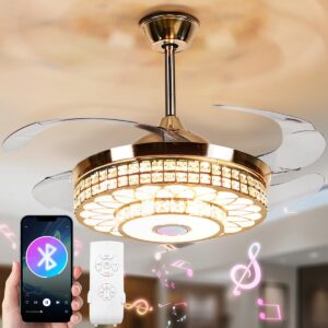 kpibest 42 inch ceiling fan with light and remote control 3 lights levels, modern crystal retractable chandelier fans with bluetooth music speaker for living/dining room bedroom
