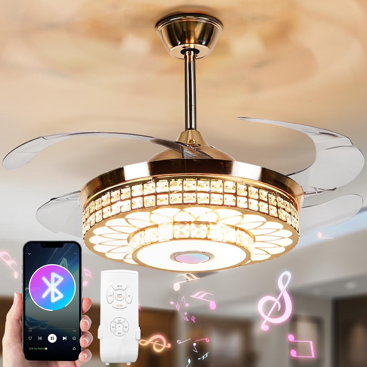 KPIBEST 42 inch Ceiling Fan with Light and Remote Control 3 Lights Levels, Modern Crystal Retractable Chandelier Fans with Bluetooth Music Speaker for Living/Dining Room Bedroom