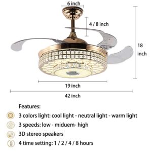 KPIBEST 42 inch Ceiling Fan with Light and Remote Control 3 Lights Levels, Modern Crystal Retractable Chandelier Fans with Bluetooth Music Speaker for Living/Dining Room Bedroom