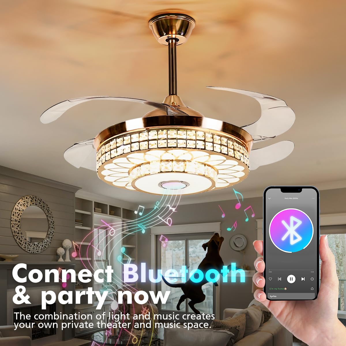 KPIBEST 42 inch Ceiling Fan with Light and Remote Control 3 Lights Levels, Modern Crystal Retractable Chandelier Fans with Bluetooth Music Speaker for Living/Dining Room Bedroom