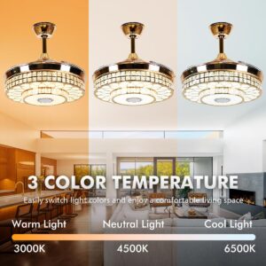 KPIBEST 42 inch Ceiling Fan with Light and Remote Control 3 Lights Levels, Modern Crystal Retractable Chandelier Fans with Bluetooth Music Speaker for Living/Dining Room Bedroom