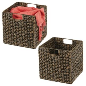 mdesign natural woven hyacinth cube organizer basket with handles, storage for bathroom, laundry room shelf or nursery - perfect for cubby storage units - hold blankets and books - 2 pack, black wash