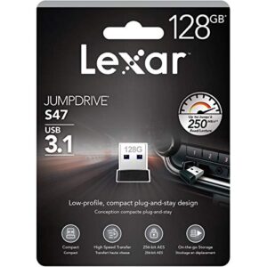 Lexar 128GB JumpDrive S47 USB 3.1 Flash Drive for Storage Expansion and Backup, Up To 250MB/s Read, Compact Plug-n-Stay, Black (LJDS47-128ABBKNA)