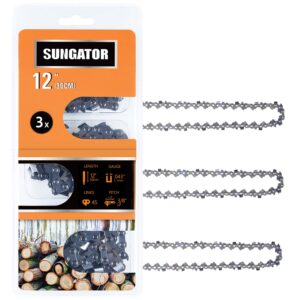 sungator 3-pack 12 inch chainsaw chain sg-r45, compatible with dewalt dccs620b, dccs620p1c, 3/8" lp pitch - .043" gauge - 45 drive links, compatible with craftsman, ryobi and more