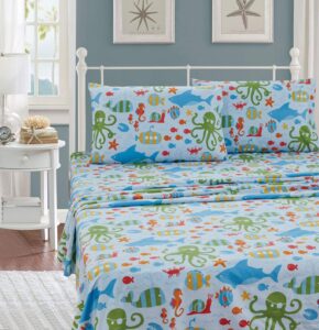 better home style multicolor under the sea life whales fish seahorse sea stars octopus lobster kids/boys/teens 3 piece sheet set includes pillowcase flat and fitted sheets # octopus (twin)