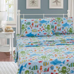 Better Home Style Multicolor Under The Sea Life Whales Fish Seahorse Sea Stars Octopus Lobster Kids/Boys/Teens 3 Piece Sheet Set Includes Pillowcase Flat and Fitted Sheets # Octopus (Twin)