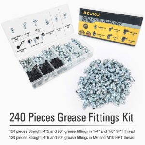 AZUNO Hydraulic Grease Fittings, 240 Pieces SAE & Metric Grease Fitting Assortment with 120 PCS Grease Fitting Caps, Standard Grease Gun Fittings Perfect for Replacing Missing or Broken Zerk Fitting