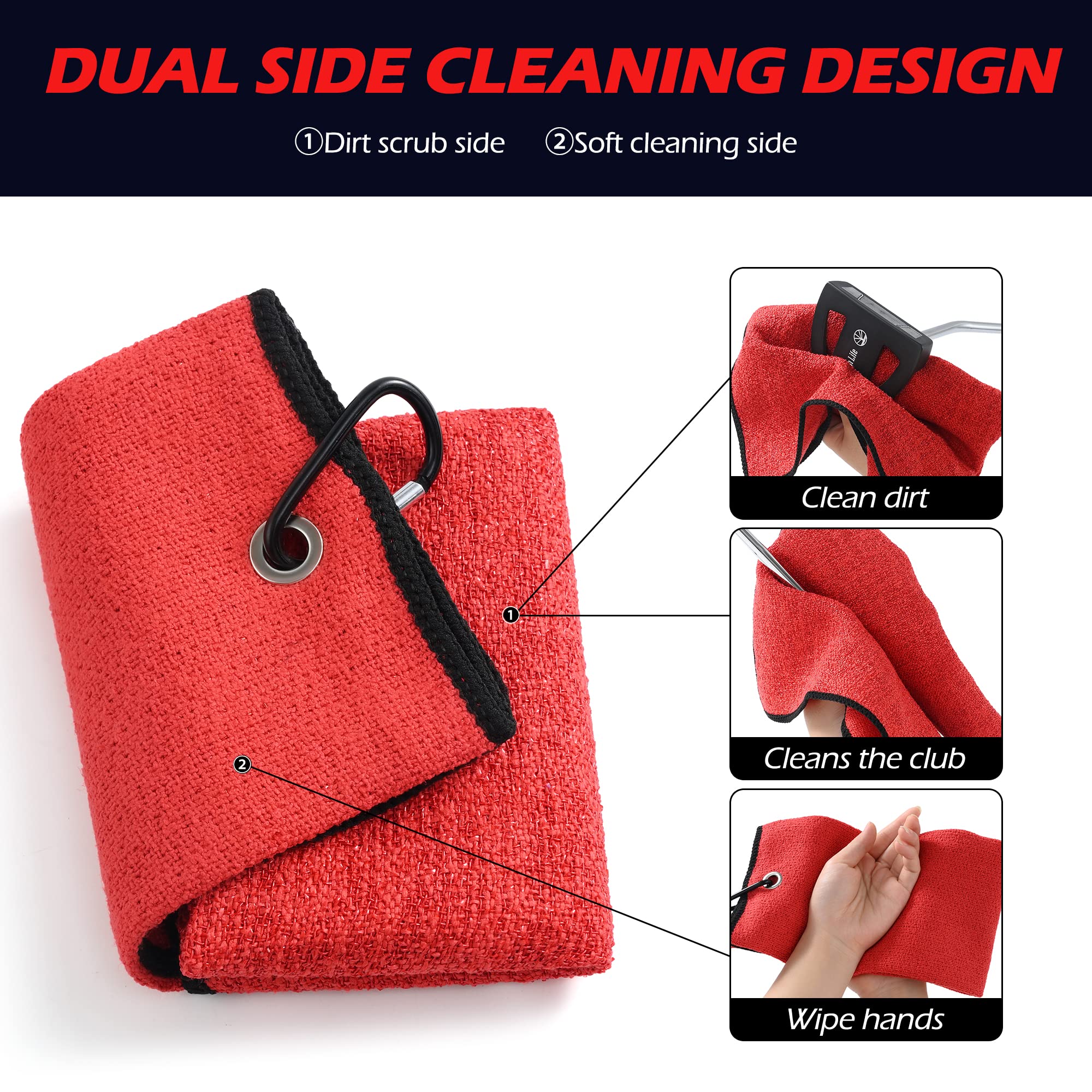 Mile High Life | Tri-fold Golf Towel | Dirt Scrub Side for Club Cleaning and Soft Side for Golf Ball | Brush and Towel in One | Multifunctional Towel | Excellent Water Absorbance (Red)