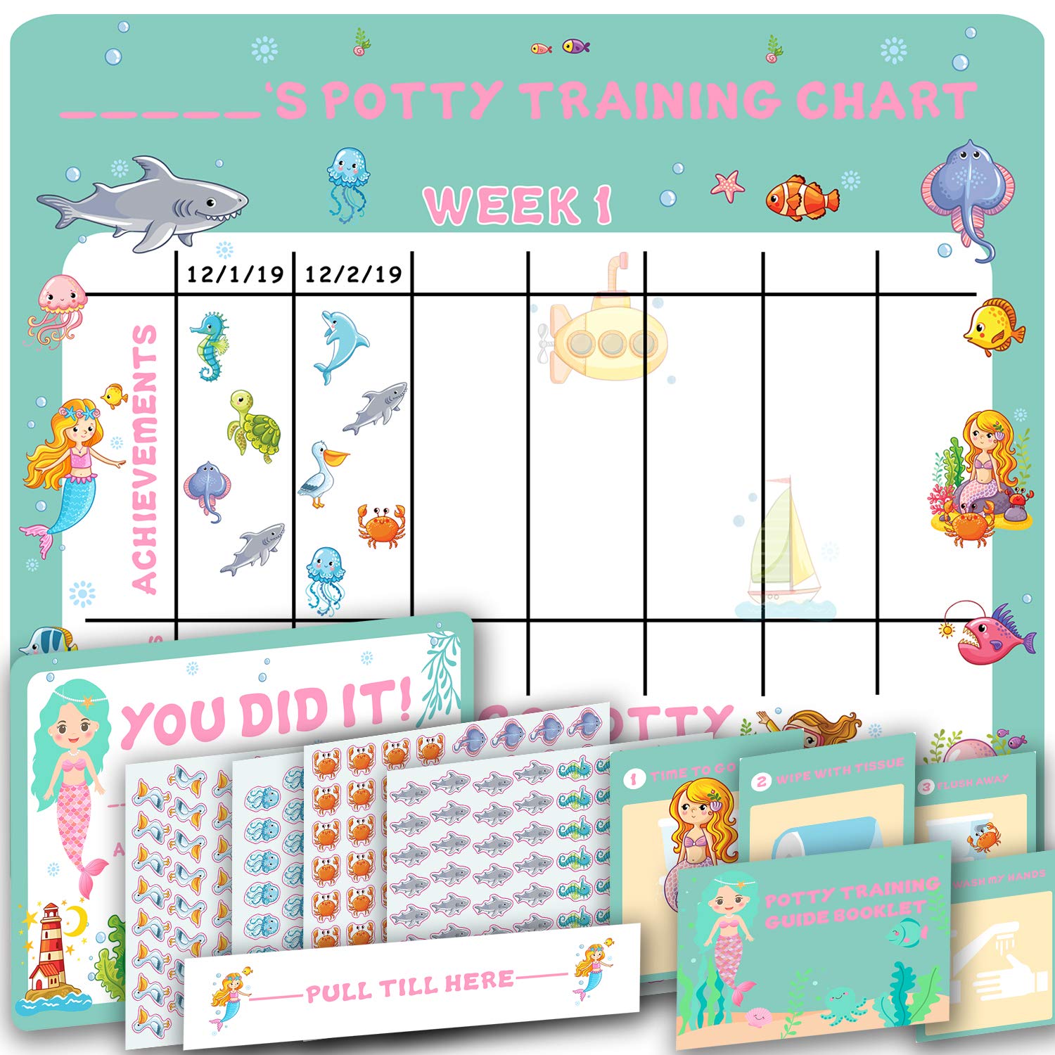 Potty Training Chart for Toddlers, Fun Mermaid, Shark, Fish, Frozen Princess Theme, 4 Week Star Reward Sticker Chart for Preschool Boys Girls Kids Babay, Better Use with Toilet Seat, Chart, Time Watch