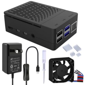 geeekpi case for raspberry pi 4 with 18w 5v 3.6a power supply, pi 4b case with pwm fan 40x40x10mm and 4pcs heatsinks for raspberry pi 4 8gb/4gb/2gb