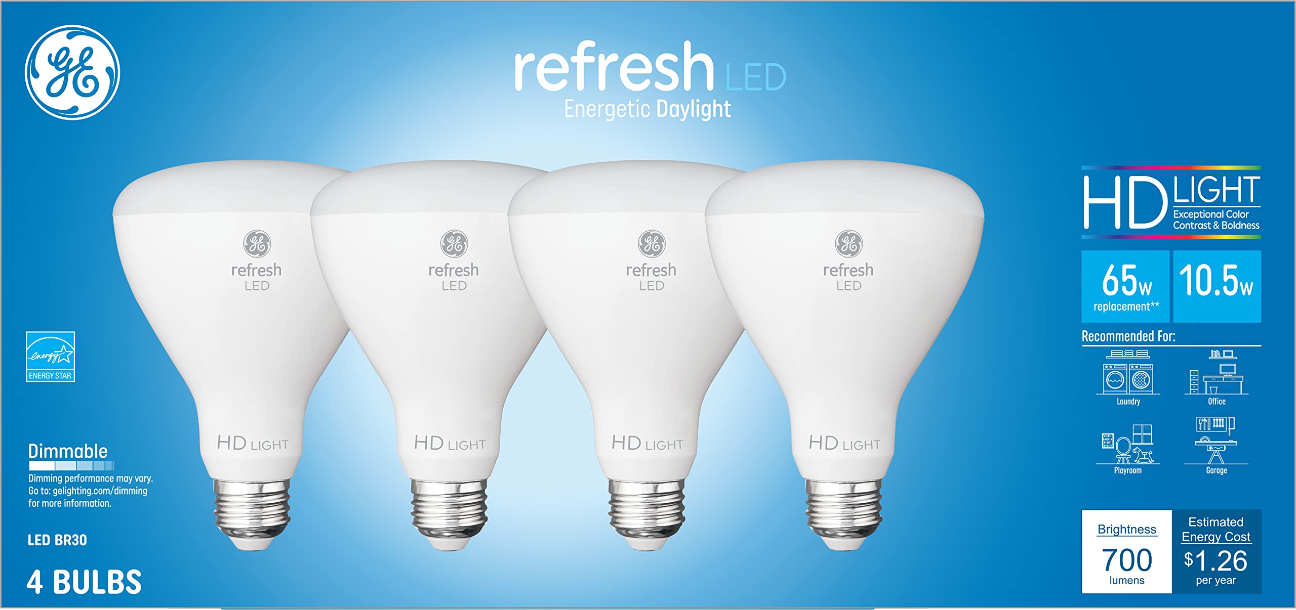 GE Refresh LED Light Bulbs, Indoor Floodlight Bulbs, 10.5 Watt (65 Watt Equivalent) Energetic Daylight, Medium Base, Dimmable (4 Pack)