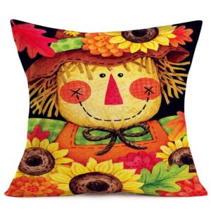 Xihomeli Hello Fall Throw Pillow Covers Cute Scarecrow with Sunflower Leaves Pillows Decorative Pillow Cover Cotton Linen Autumn Harvest Pillow Case Outdoor Home Decor Sofa 18x18 Inch (Scarecrow)