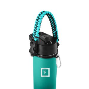 iron °flask paracord handle - fits wide mouth water bottles - durable carrier, secure accessories, survival strap cord, safety ring, and carabiner - seven core paracord bracelet