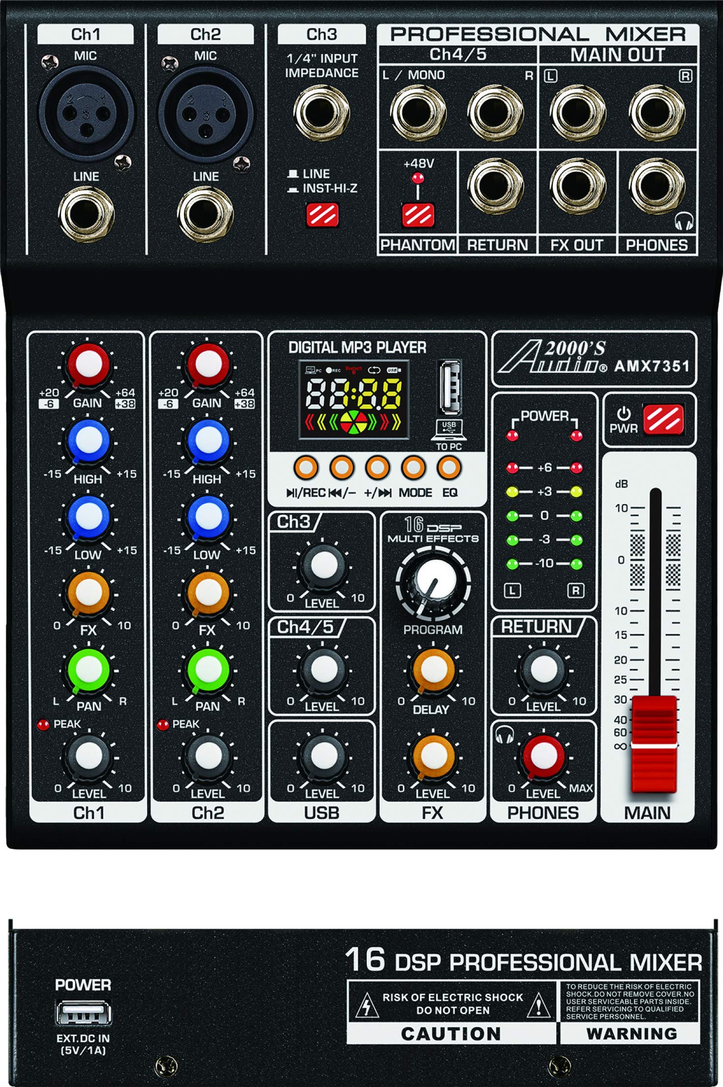 Audio2000'S AMX7351 Five-Channel Audio Mixer with USB 5V Power Supply, USB Interface, and Sound Effect