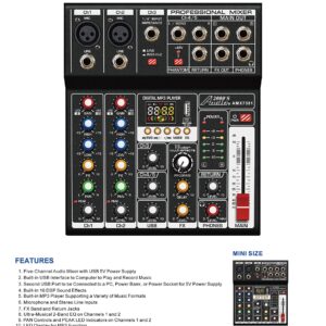 Audio2000'S AMX7351 Five-Channel Audio Mixer with USB 5V Power Supply, USB Interface, and Sound Effect