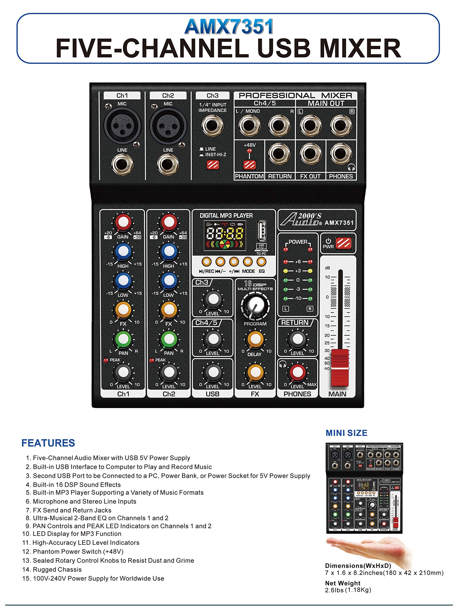 Audio2000'S AMX7351 Five-Channel Audio Mixer with USB 5V Power Supply, USB Interface, and Sound Effect