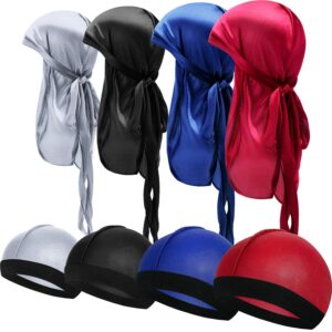 satinior 8 pieces silky durag caps elastic wave cap long tail headwraps wide straps waves (red, grey, black, royal blue), large