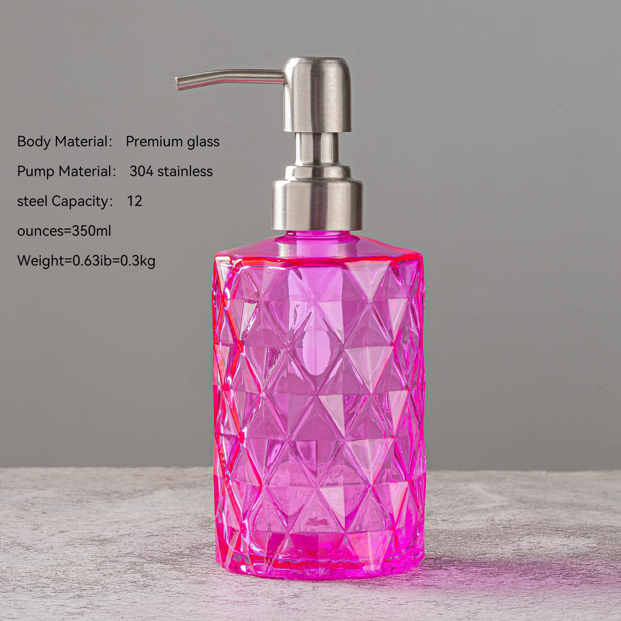 Easy Tang Clear Glass Hand Soap Dispenser Bathroom Kitchen 12 Oz Refillable Liquid Crystal Design Bottle with Silver Pump (Pink)
