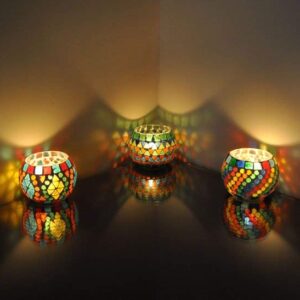 Lalhaveli Wedding Home Garden Decoration Night Lighting Mosaic Glass Votive Tea Light Candle Holder Set of 5 Pcs (3X3 Inch)