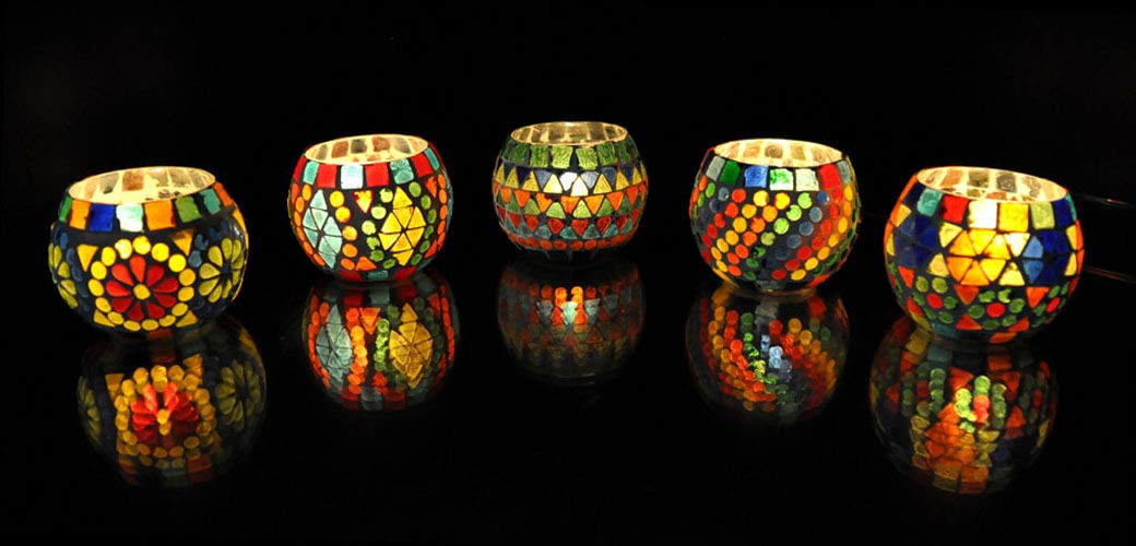 Lalhaveli Wedding Home Garden Decoration Night Lighting Mosaic Glass Votive Tea Light Candle Holder Set of 5 Pcs (3X3 Inch)