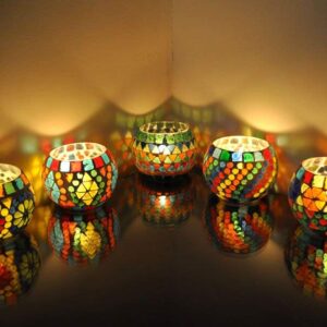 Lalhaveli Wedding Home Garden Decoration Night Lighting Mosaic Glass Votive Tea Light Candle Holder Set of 5 Pcs (3X3 Inch)