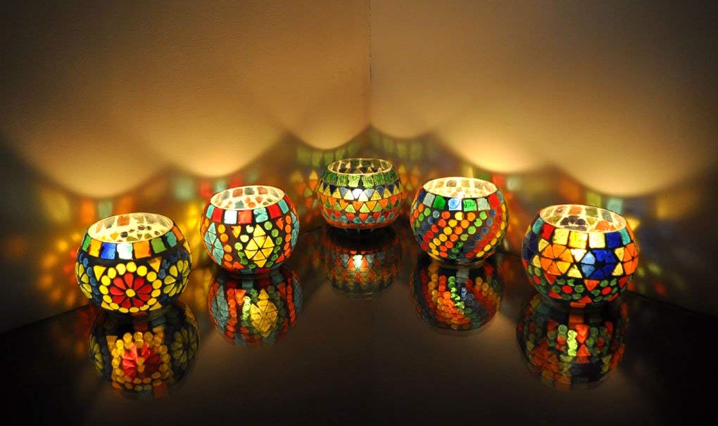 Lalhaveli Wedding Home Garden Decoration Night Lighting Mosaic Glass Votive Tea Light Candle Holder Set of 5 Pcs (3X3 Inch)