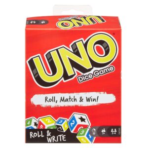 Mattel Games ​UNO Family Dice Game, with 6 Dice, 4 Dry Erase Boards and 4 Markers, Makes A Great Gift for 7 Year Olds and Up