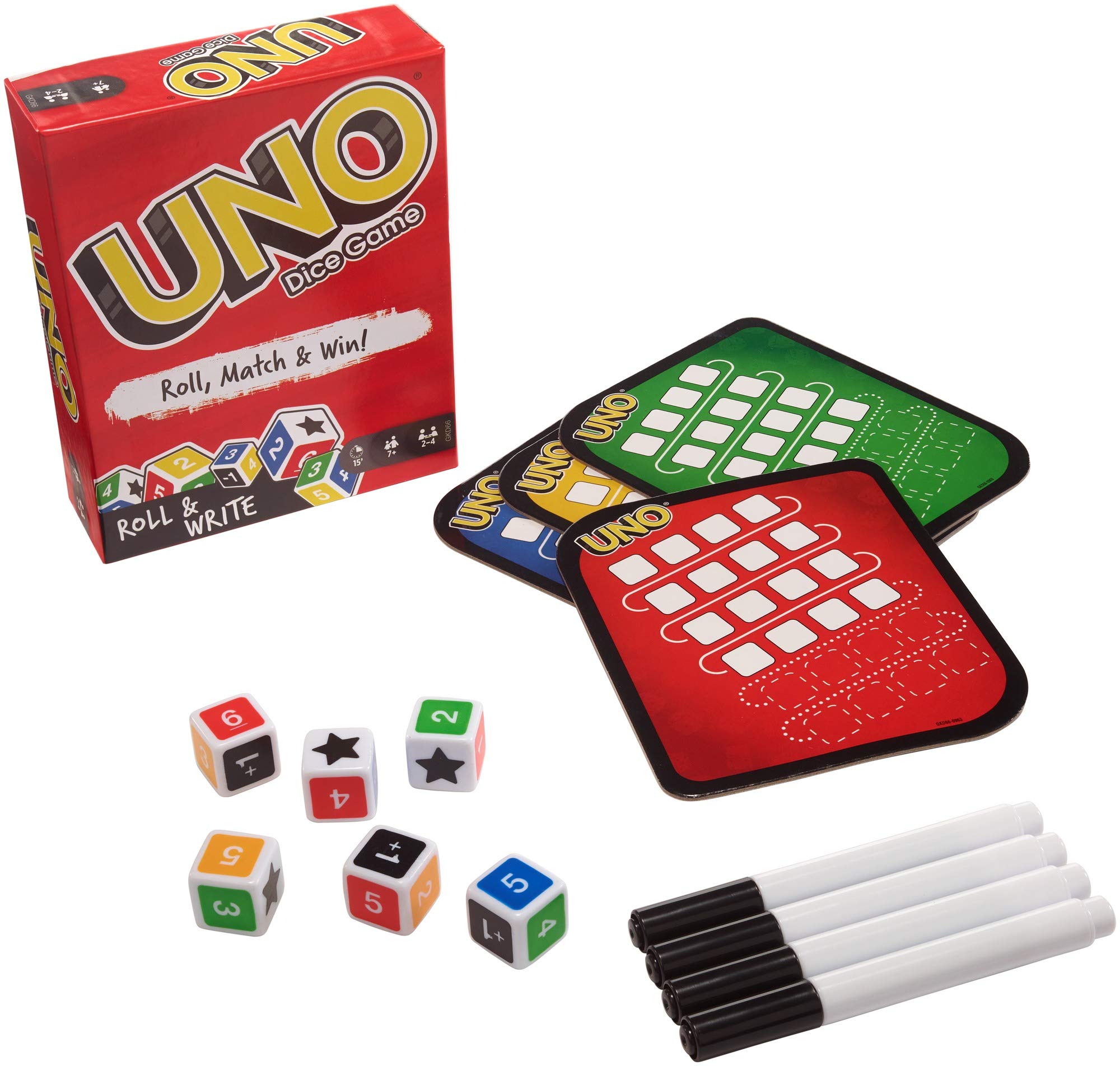 Mattel Games ​UNO Family Dice Game, with 6 Dice, 4 Dry Erase Boards and 4 Markers, Makes A Great Gift for 7 Year Olds and Up