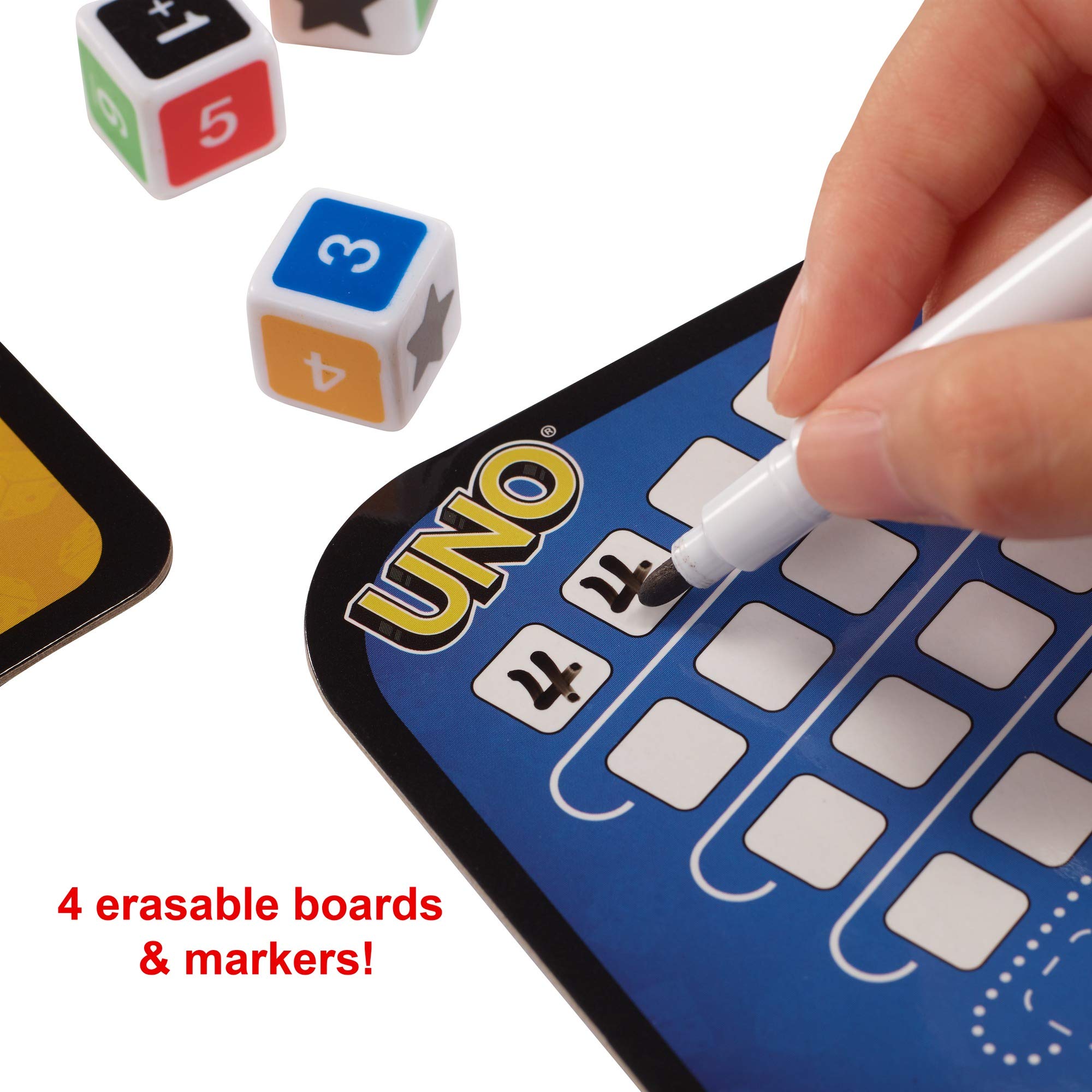 Mattel Games ​UNO Family Dice Game, with 6 Dice, 4 Dry Erase Boards and 4 Markers, Makes A Great Gift for 7 Year Olds and Up