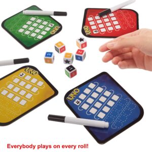 Mattel Games ​UNO Family Dice Game, with 6 Dice, 4 Dry Erase Boards and 4 Markers, Makes A Great Gift for 7 Year Olds and Up