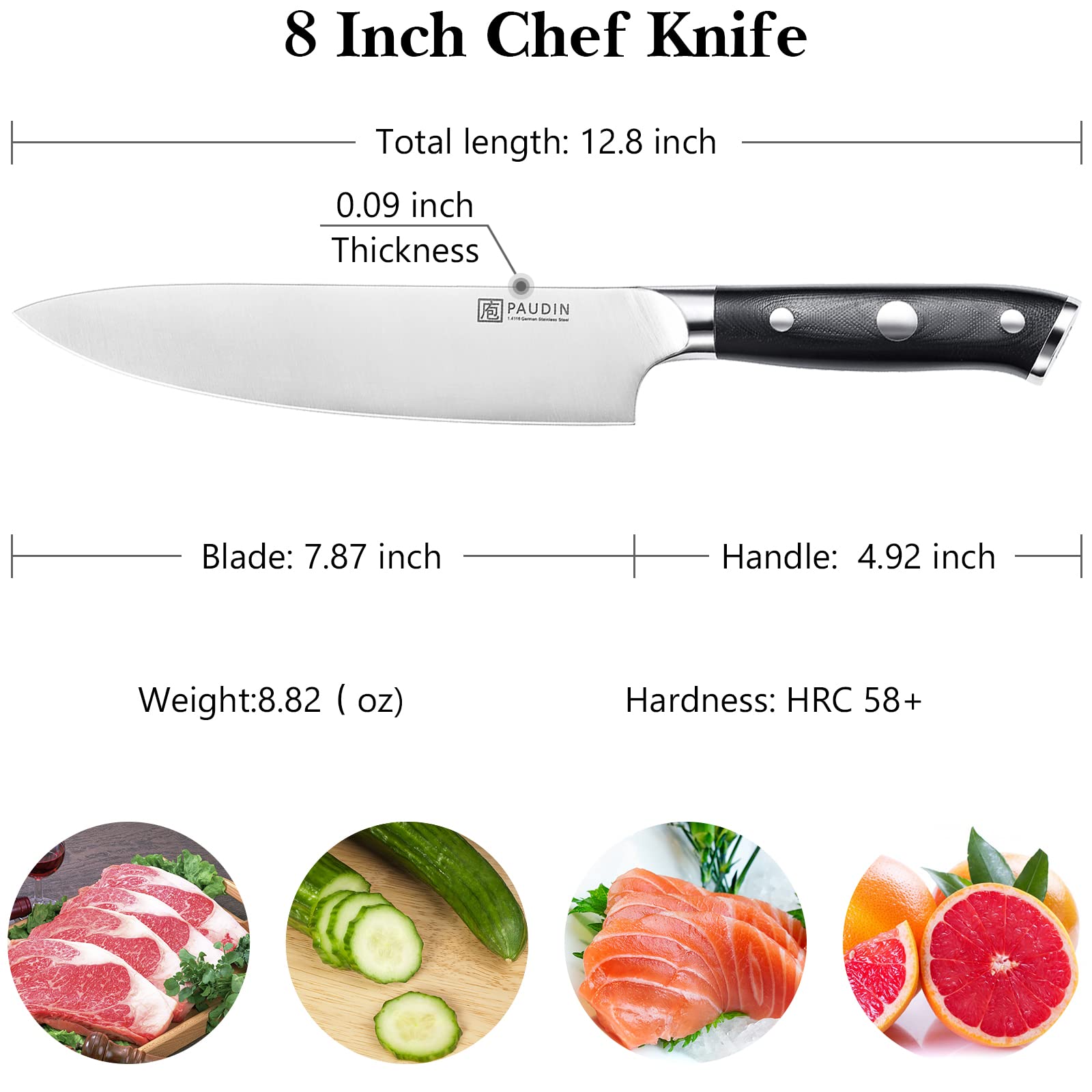 PAUDIN Chef Knife 8 Inch, Professional Kitchen Knife, 7Cr17MoV German Stainless Steel Forged Chefs Knife with Ergonomic G10 Handle, Classic Chef's Knife Meat Knife with Gift Box