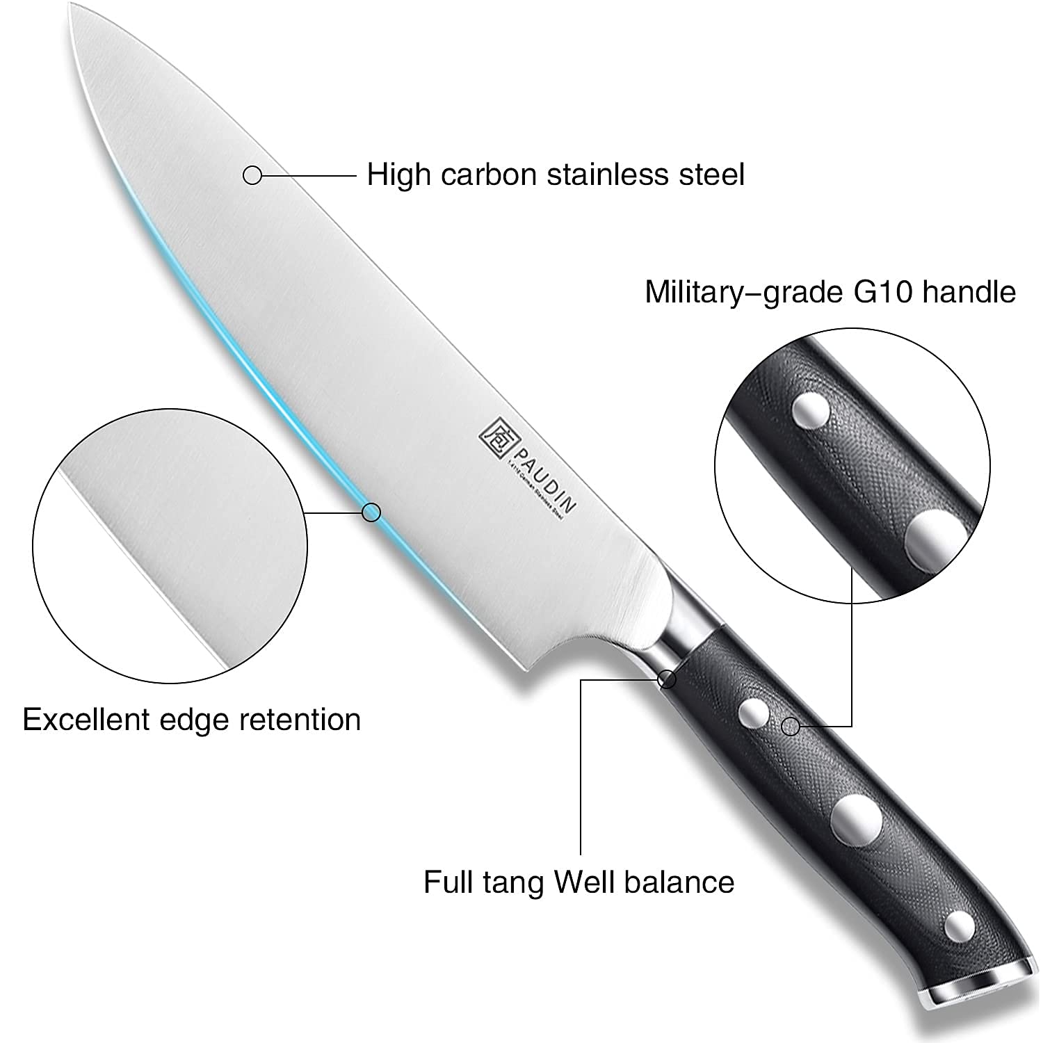 PAUDIN Chef Knife 8 Inch, Professional Kitchen Knife, 7Cr17MoV German Stainless Steel Forged Chefs Knife with Ergonomic G10 Handle, Classic Chef's Knife Meat Knife with Gift Box