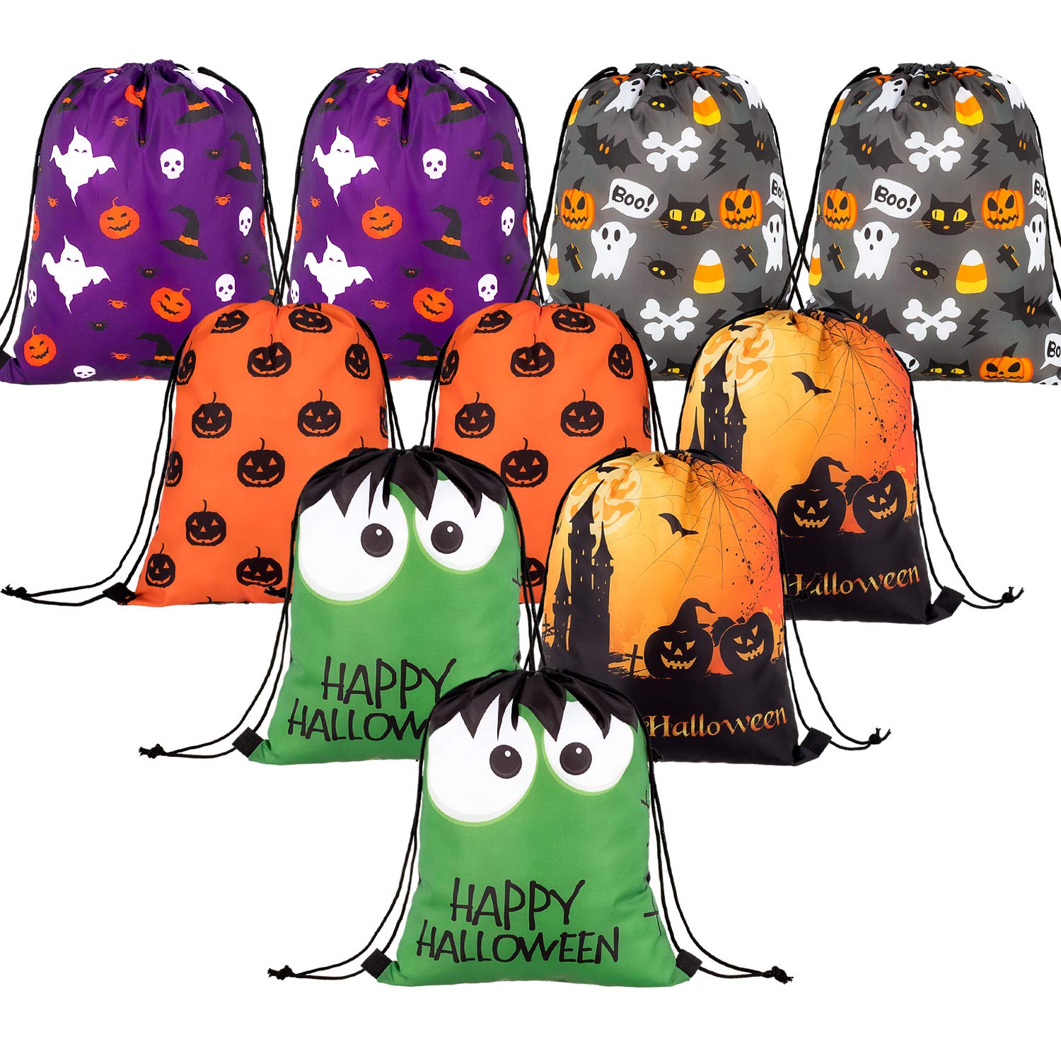 Whaline Large Halloween Drawstring Backpack Bag 16.3 x 13.2Inch Huge Trick or Treat Sack Gift Backpack Candy Goodie Bags for Halloween Party Favors, 10Pcs