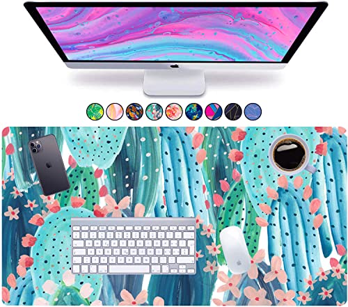 French Koko Large Mouse Pad Long Desk Mat Keyboard Pad Desktop Accessories Home School College Decor Supplies Pretty Extended Mousepad Big Office Essentials Women Girls XL Plant Pink Green Cute Cactus